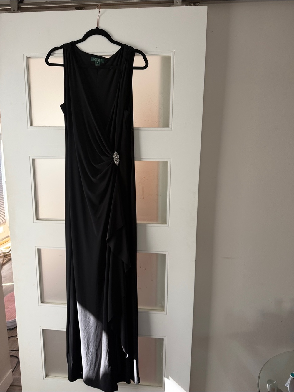 Ralph Lauren Black Sleeveless Draped Maxi Dress with Rhinestone Accent